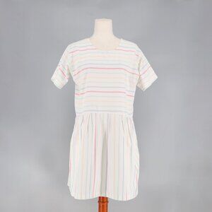 LAKE Parasol Pleated Dress White Pastel Stripe Short Sleeve Cotton Size M